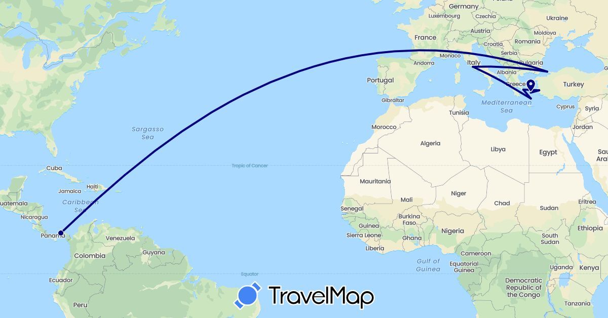 TravelMap itinerary: driving in Greece, Italy, Panama, Turkey (Asia, Europe, North America)
